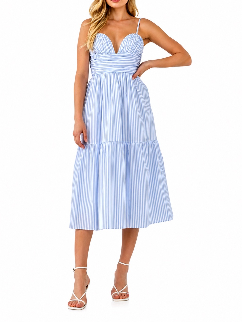 English Factory Blue Stripe Shirred Detail Midi Dress Size XS NWT‎